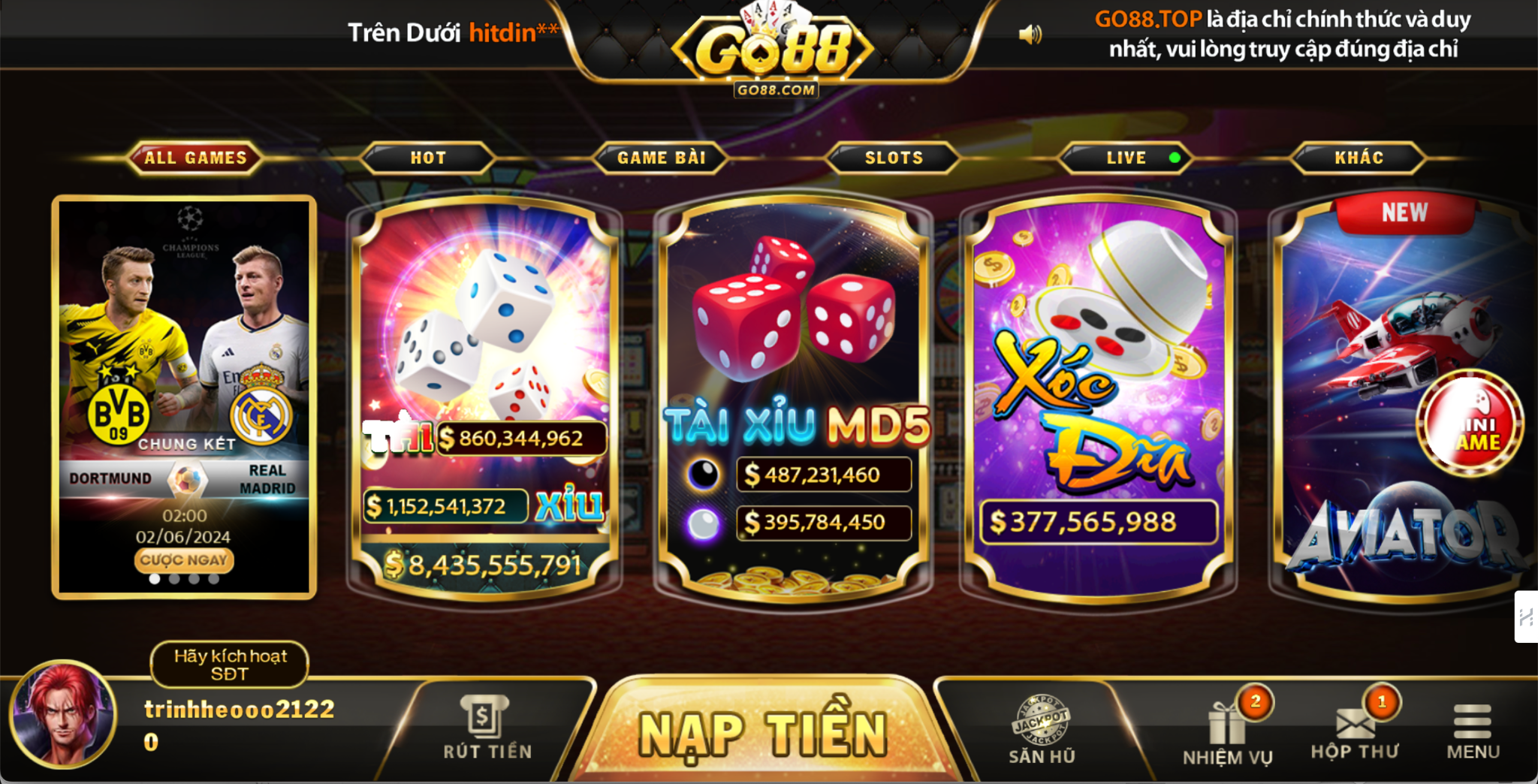 Giao diện chọn game trên Go88: All games, hot games, game bài, game slots, live casino…