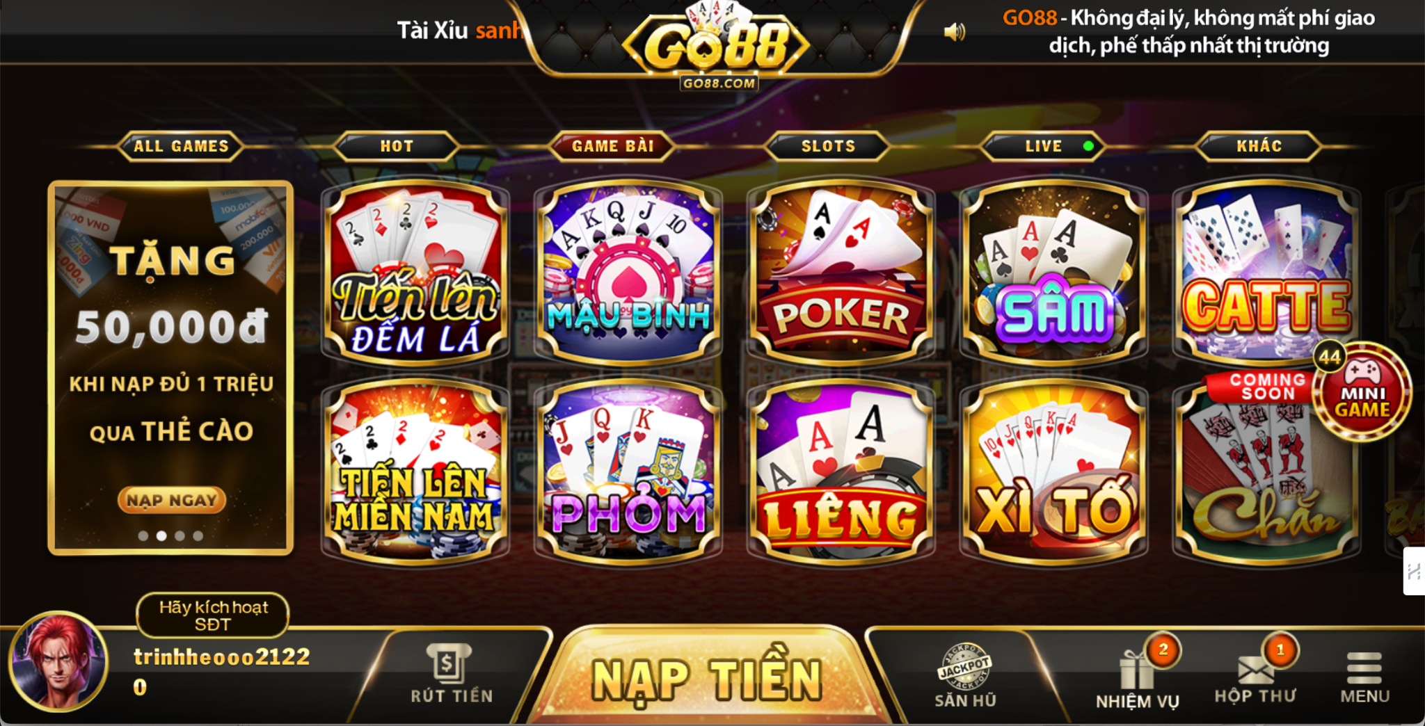 Hội viên Go88 được lựa thoải mái giữa game Tiến Lên, Mậu Binh, Phỏm, Sâm, Liêng, Xì Tố, Chắn, Catte,...