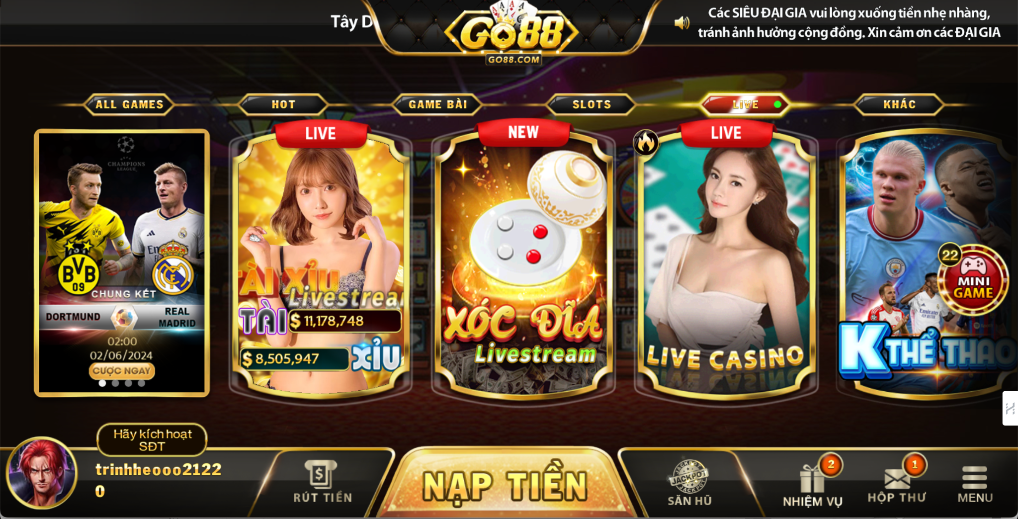 Thỏa sức trải nghiệm đa dạng các trò chơi casino trực tuyến như Roulette, Baccarat, Blackjack,... trên Go88