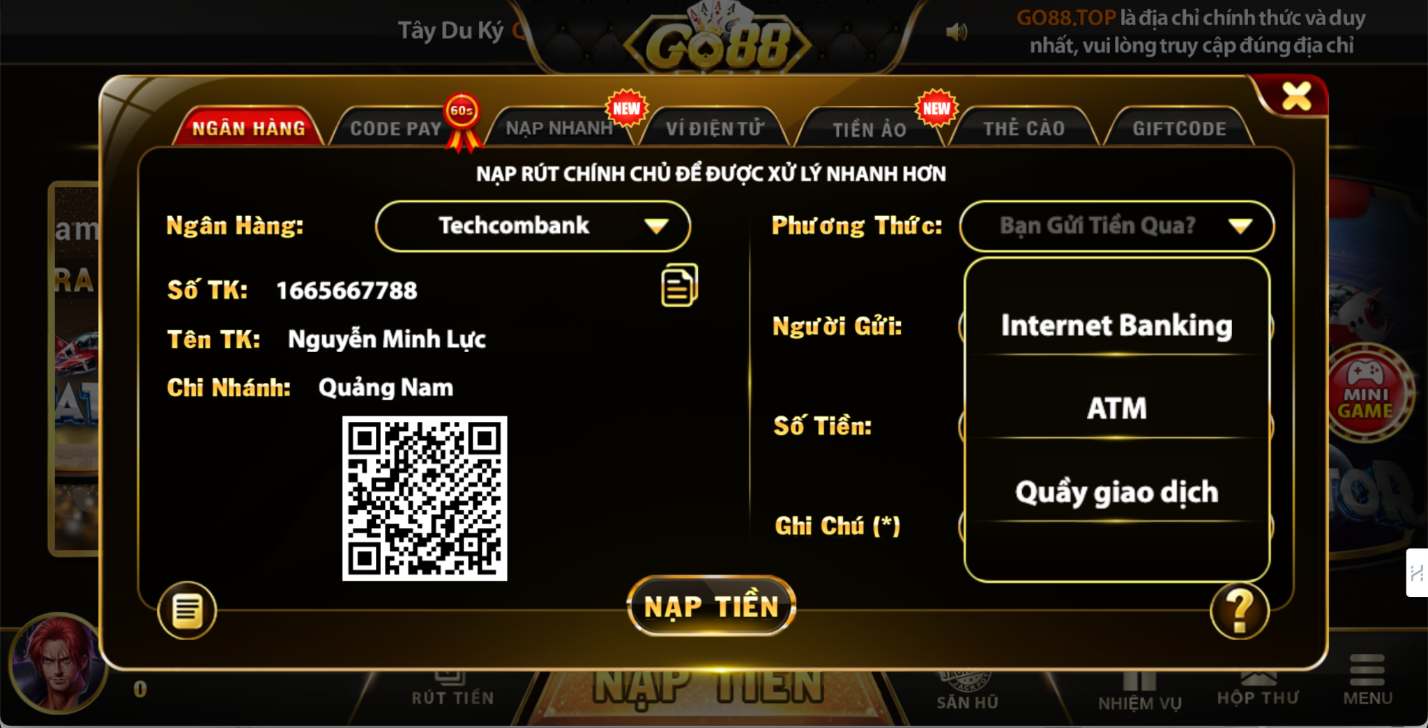 Nạp rút chính chủ để được xử lý nhanh hơn hoặc qua Code pay, nạp nhanh, ví điện tử, tiền ảo, thẻ cào và giftcode