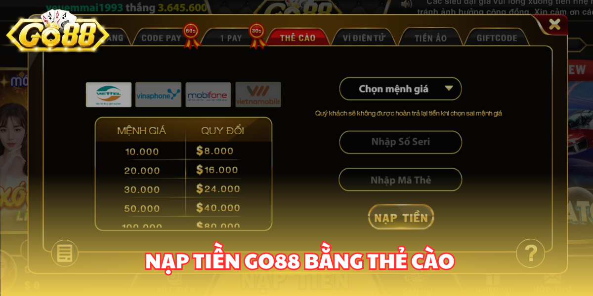 Hướng dẫn nạp tiền Go88 bằng thẻ cào